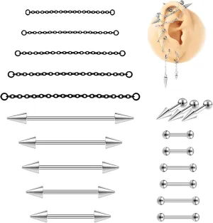 16G Mix Sizes Industrial Barbell Cartilage Earring Set Body Piercing Jewelry Retainer for Women Men Tongue Helix Barbell Surgical Steel Hoop Earrings with Chain, Straight Bar Length 24mm-60mm 16G Mix Sizes Industrial Barbell Cartilage Earring Set Body Piercing Jewelry Retainer for Women Men Tongue Helix Barbell Surgical Steel Hoop Earrings with Chain, Straight Bar Length 24mm-60mm