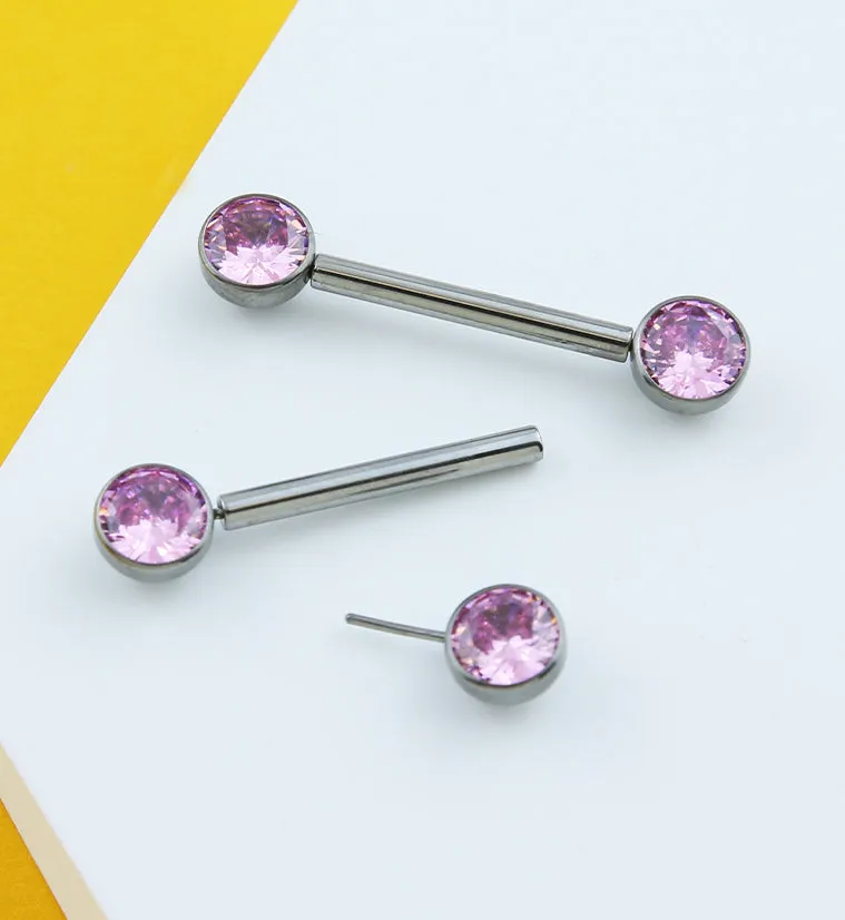 Bezel Pink CZ Threadless Titanium Nipple Barbells
