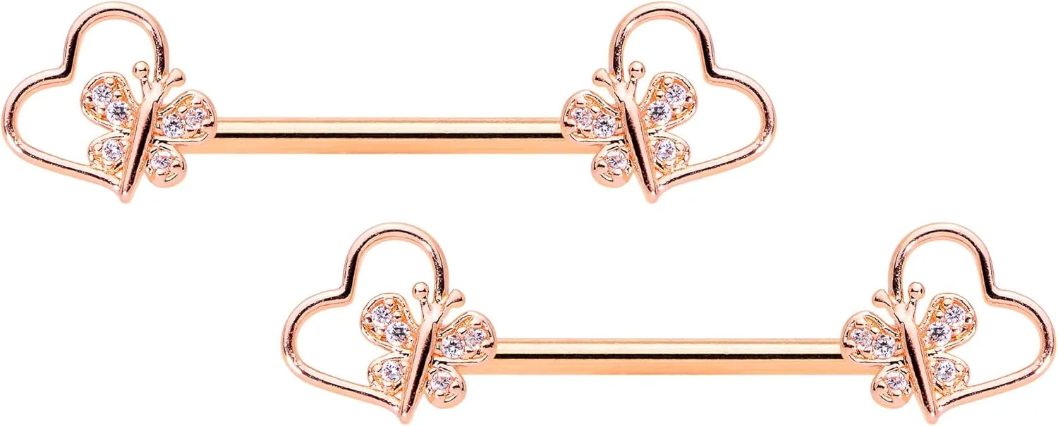 Body Candy 14G Womens Nipplerings Piercing PVD Steel 2Pc Rosy Heart Butterfly Nipple Ring Set 9/16"
