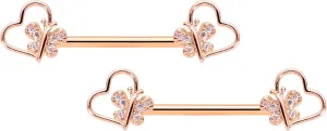 Body Candy 14G Womens Nipplerings Piercing PVD Steel 2Pc Rosy Heart Butterfly Nipple Ring Set 9/16"
