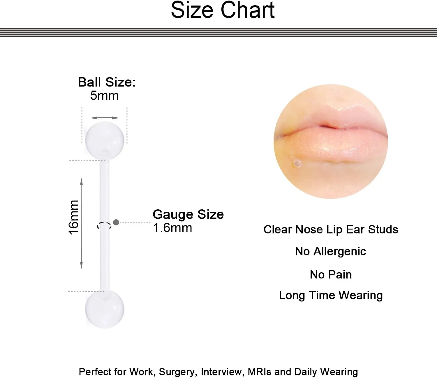 D.Bella 14G Clear Bioflex Flexible Acrylic Straight Tongue Rings Barbells Nipple Ring Retainer Piercing 12mm 14mm 16mm 19mm