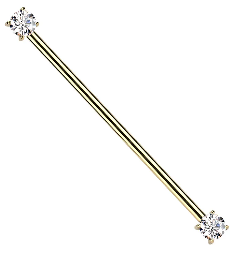 Gold PVD Prong Clear CZ Threadless Titanium Industrial Barbell