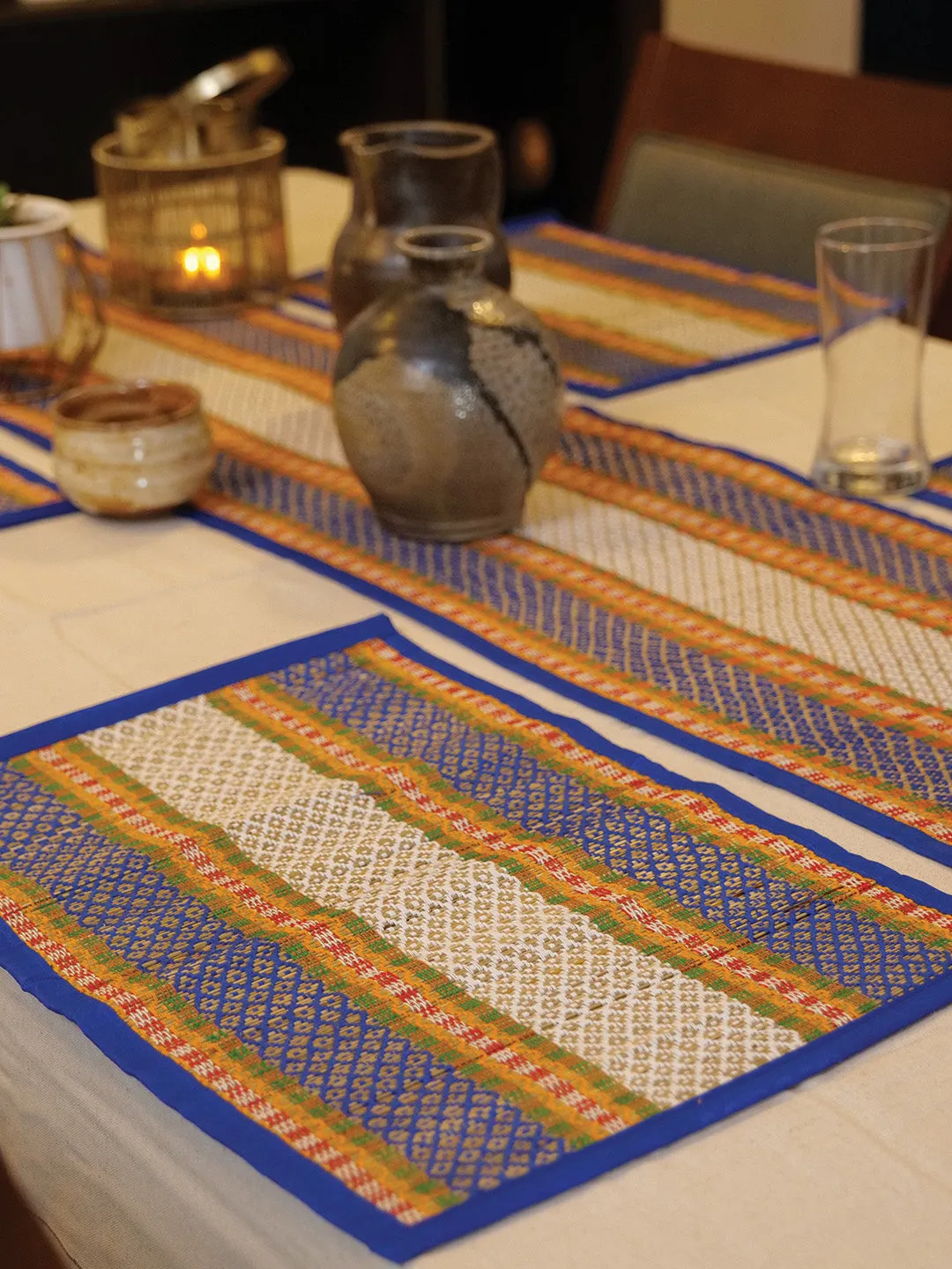 Handcrafted Madhurkathi Table Mat And Runner Blue