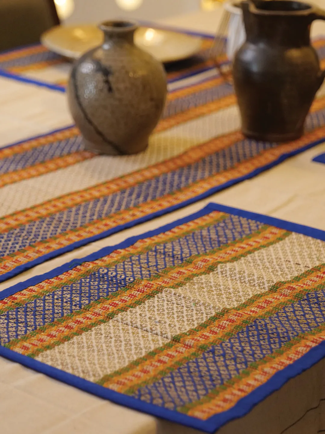 Handcrafted Madhurkathi Table Mat And Runner Blue