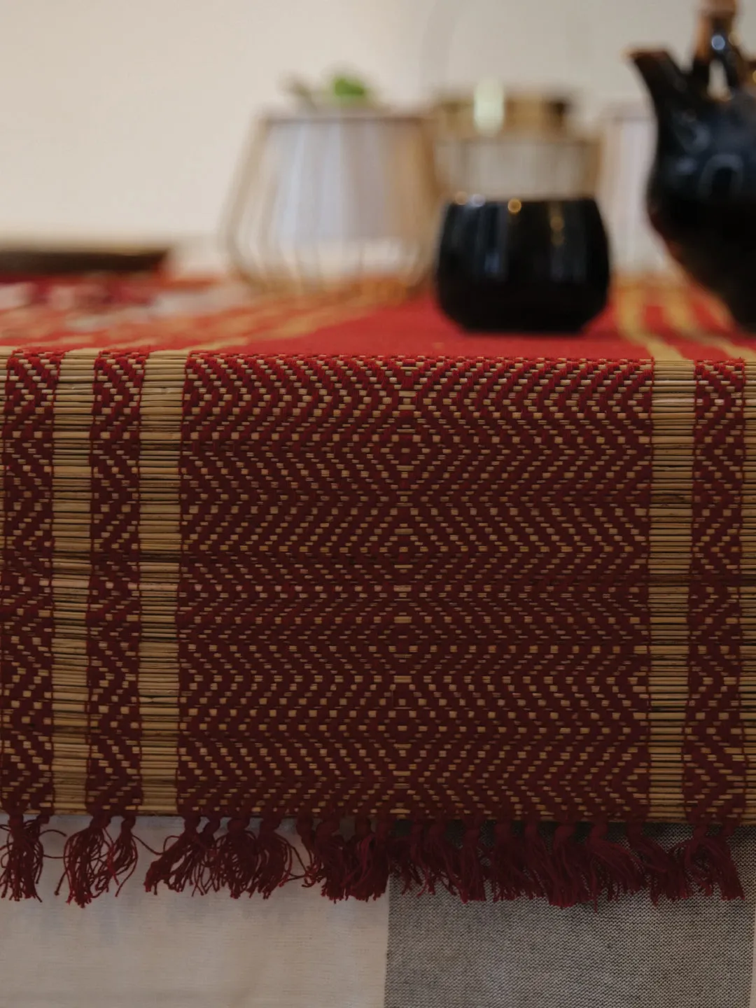 Handcrafted Madhurkathi Table Mat And Runner Set Maroon