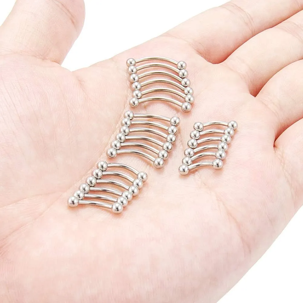 Hoeudjo Eyebrow Piercing Jewelry 16G Surgical Steel Curved Barbell with Ball Kit Tragus Ring Piercings Jewelry 16-24Pcs 6mm 8mm 10mm 12mm