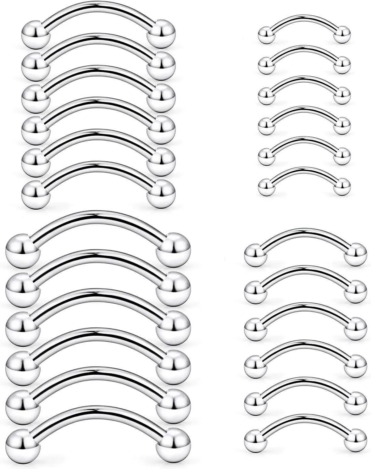 Hoeudjo Eyebrow Piercing Jewelry 16G Surgical Steel Curved Barbell with Ball Kit Tragus Ring Piercings Jewelry 16-24Pcs 6mm 8mm 10mm 12mm