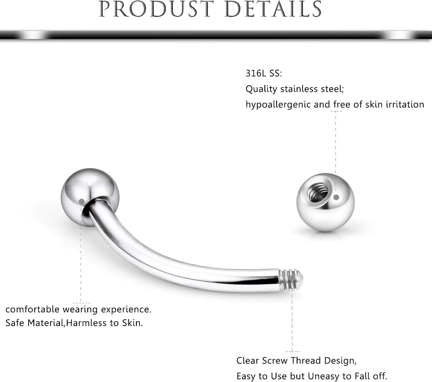 Hoeudjo Eyebrow Piercing Jewelry 16G Surgical Steel Curved Barbell with Ball Kit Tragus Ring Piercings Jewelry 16-24Pcs 6mm 8mm 10mm 12mm