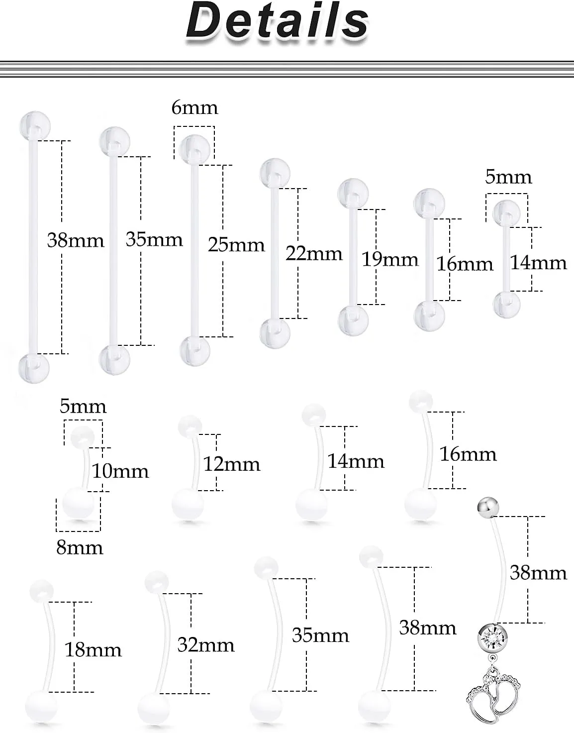 Ocptiy 14mm-38mm 14G Clear Plastic Nipple Tongue Ring Industrial Earrings for Surgery Pregnancy Belly Button Ring Bioflex Flexible Acrylic Straight Barbells Piercing Jewelry Retainer for Work Sport
