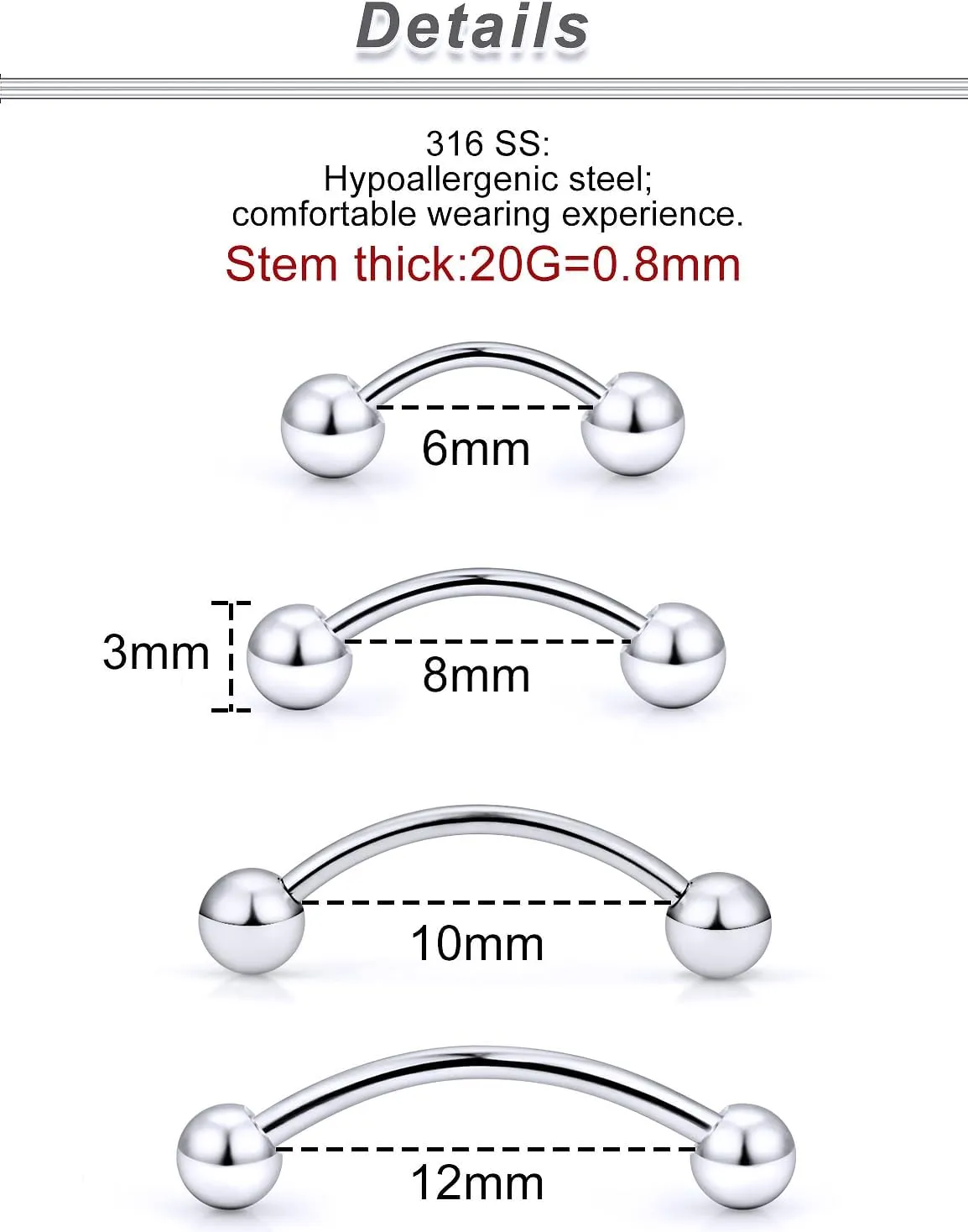 Ocptiy 20G 16G 14G 12G Eyebrow Rook Daith Piercing Jewelry 316L Surgical Steel Vertical Lip Labret Belly Button Ring Snake Eyes Tongue Ring Curved Barbell 6mm(1/4") 8mm(5/16") 10mm (3/8") 12mm(1/2")